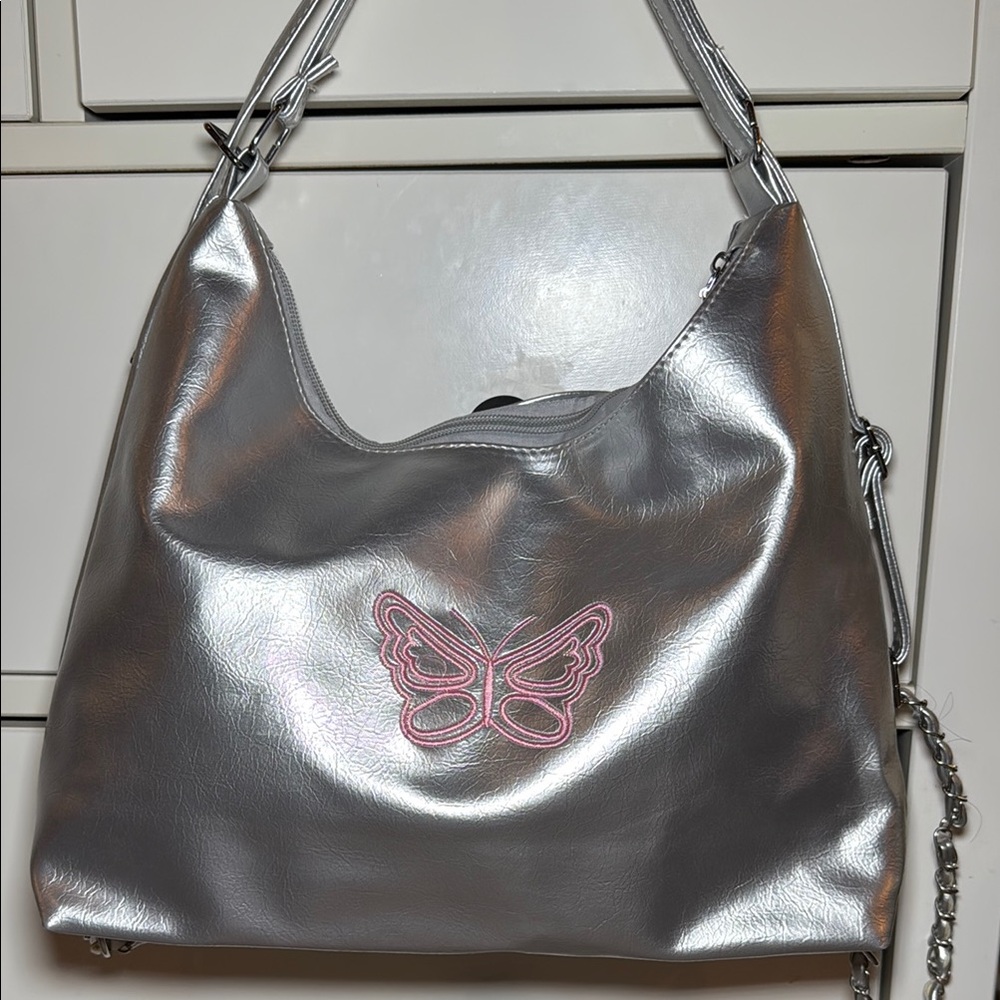 Silver Butterfly Embroidered Women's Bag